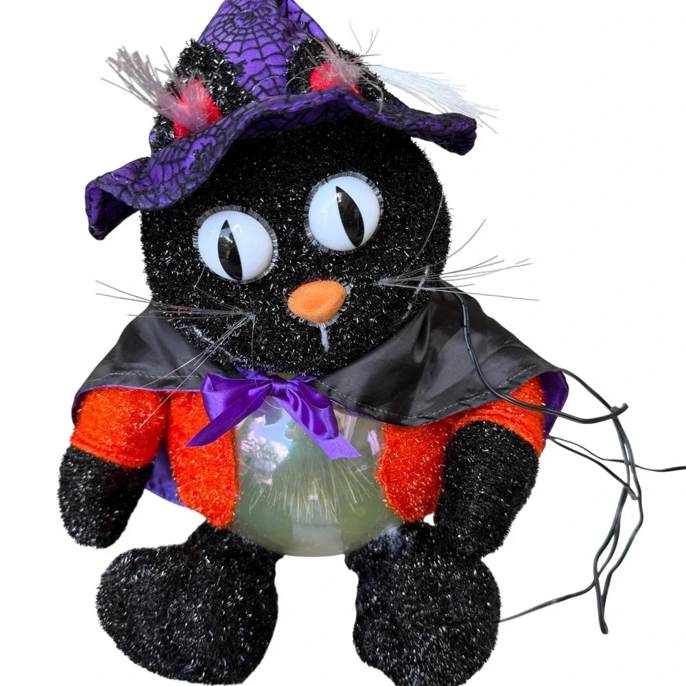 Vintage Halloween Fiber Optic Black Cat Light Up Decor